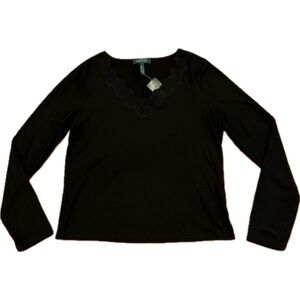 Lauren Ralph Lauren NWT Lace V-Neck Long Sleeve Black Knit Rayon Tee Top L
